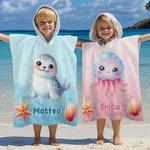 Asciugamano da spiaggia con cappuccio personalizzato in microfibra asciugatura rapida con nome e animali marini vacanze estive regalo per ragazzi