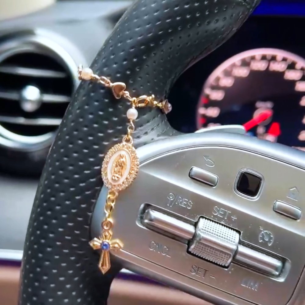 Personalized Heart Zircon Virgin Mary Steering Wheel Rosary Charm with Cross and Birthstone Car Decor Communion Baptism Religious Gift for Christians 5
