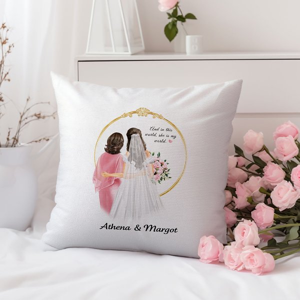 Personalized Mother of the Bride Cartoon Character Soft Throw Pillow Cover with Name Home Decor Wedding Bridal Shower Gift for Bride Mom