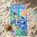Serviette de Plage Personnalisée avec Nom et Motif Floral de Tortue Accessoire Séchage Rapide Cadeau Été Vacances pour Ami Famille