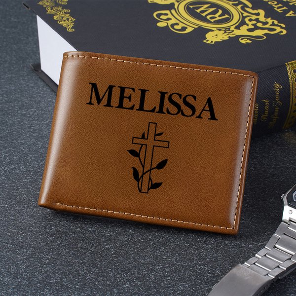 Gepersonaliseerde Kruis PU Leren Portemonnee met Naam Religieus Doopsel Eerste Heilige Communie Cadeau voor Christelijke Mannen