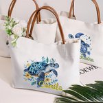 Personalized Blue Floral Sea Turtle Reusable Canvas Tote Bag with Name and PU Leather Handle Travel Essentials Birthday Gift for Women