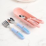 Personalizzato animale carino in acciaio inox nome cucchiaio forchetta 2 pezzi set di posate con astuccio regalo di compleanno per la scuola per bambini.