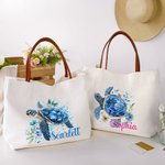 Personalized Blue Floral Sea Turtle Reusable Canvas Tote Bag with Name and PU Leather Handle Travel Essentials Birthday Gift for Women