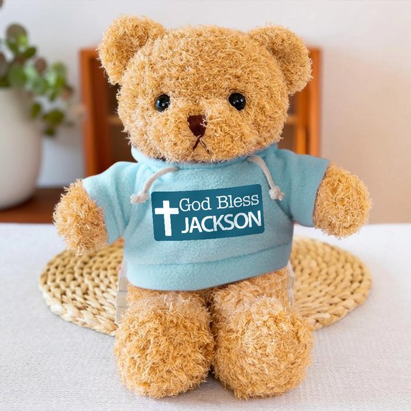 Spersonalizowany krzyż God Bless Pluszowy Miś Pluszowa zabawka z imieniem Religijny Chrzest Pierwsza Komunia Święta Prezent dla chłopców Dziewczynki