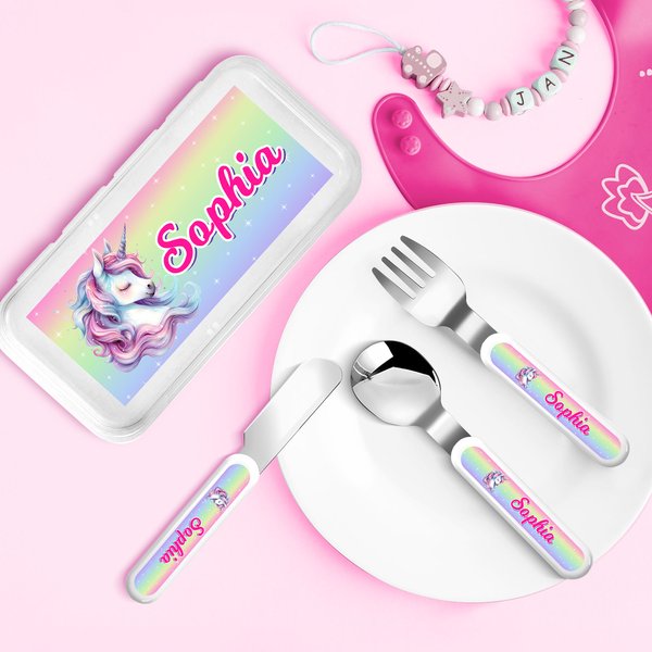Personalised Fantasy Unicorn Safe Stainless Steel Multicolour Fork Spoon Knife 3 Pcs Cutlery Set with Case Back to School Birthday Gift for Kids