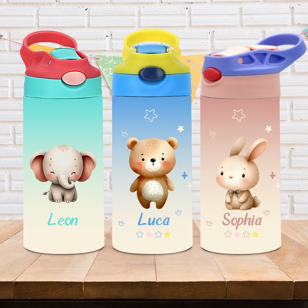 Personalized Cartoon Animals Star Name 12 oz Kid Insulated Water Bottle with Handle and Silicone Straw Daily Travel Essential Birthday Gift for Kids