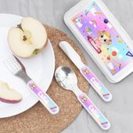 Personalizzato Carino Cartoon Kid Safe Stainless Steel Fork Spoon Knife 3 Pcs Cutlery Set con nome e custodia Back to School Birthday Gift per bambini