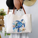 Personalized Blue Floral Sea Turtle Reusable Canvas Tote Bag with Name and PU Leather Handle Travel Essentials Birthday Gift for Women