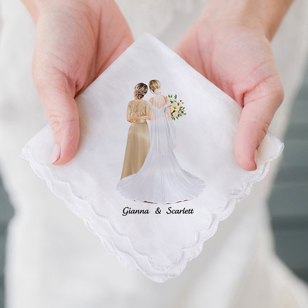 Personalizowana chusteczka do nosa z imionami i tekstem na rocznicę ślubu dla mamy panny młodej i mamy ze 100% bawełny