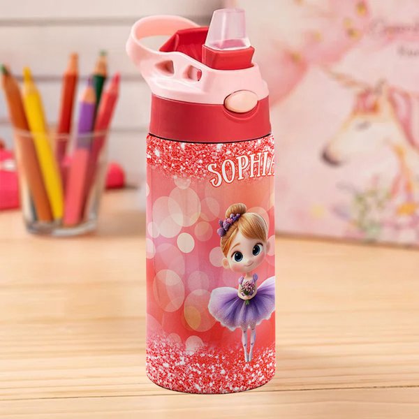 Personalized 3D Cartoon Ballet Girl Name 12 oz Water Bottle with Handle and Straw Birthday Back to School Gift for Girls
