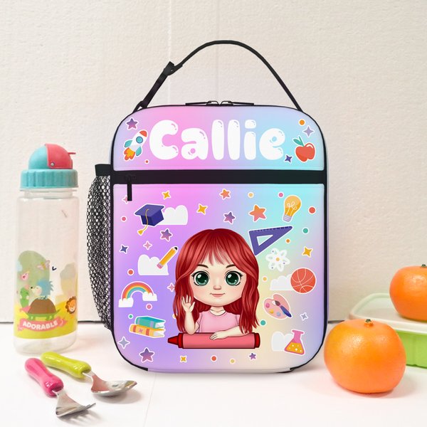Gepersonaliseerde Cartoon Character Stationery Elementen geïsoleerde lunchtas met naam Portable Picknick terug naar school Gift voor jongens meisjes