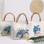 Personalized Blue Floral Sea Turtle Reusable Canvas Tote Bag with Name and PU Leather Handle Travel Essentials Birthday Gift for Women