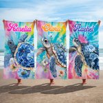 Serviette de Plage Personnalisée avec Nom et Motif Floral de Tortue Accessoire Séchage Rapide Cadeau Été Vacances pour Ami Famille
