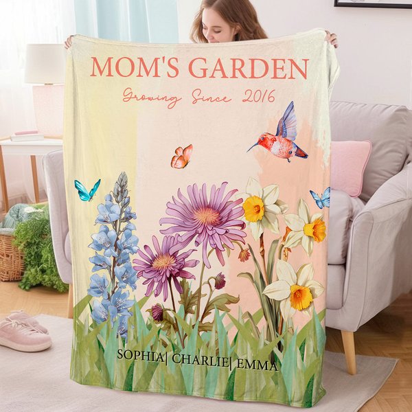 Personalized Grandma's Garden 2-15 Birth Flowers Soft Throw Blanket with Names Title Year Home Decor Birthday Anniversary Gift for Mom Grandma