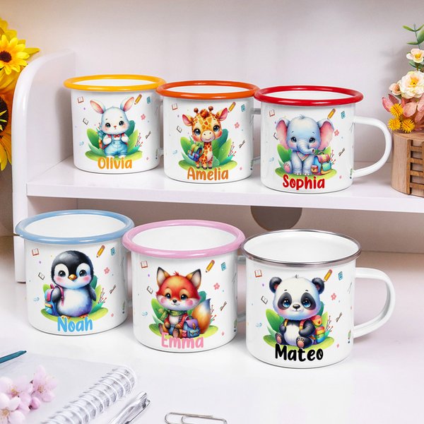 Personalised Cartoon Rabbit Panda Animal 12 oz Coloured Rim Enamel Mug with Name Birthday Travel Gift for Boys Girls
