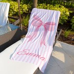 Serviette de plage surdimensionnée avec nom, personnalisée par Coquette Rose Bow Stripes Quick Dry Travel Essentials Summer Vacation Birthday Gift for Women