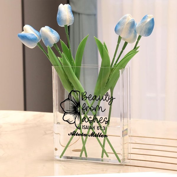 Personalisierte Kreuz Bibel Zitate Clear Buchstütze Vase mit Namen Ästhetische Raumdekoration Taufe Geburtstag Geschenk für Frauen Christen Buchliebhaber