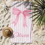 Serviette de plage surdimensionnée avec nom, personnalisée par Coquette Rose Bow Stripes Quick Dry Travel Essentials Summer Vacation Birthday Gift for Women