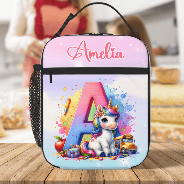 Personalized Fantasy Unicorn Cartoon Initial Insulated Lunch Bag with Name Daily Travel Back to School Birthday Gift for Boys Girls