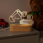 Personlig grävmaskin traktor design justerbar LED nattlampa med namn och träbas för barnrum doppresent födelsedagspresent för pojkar
