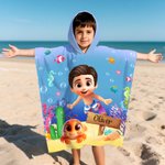 Asciugamano da spiaggia con cappuccio personalizzato con nome e design animale marino in stile 3D - Regalo per vacanze estive per ragazzi e ragazze