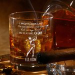 Personalized I'm Playing Golf 10 oz Old Fashioned Rock Whiskey Glass with Engraved Name Anniversary Birthday Gift for Golfers Whiskey Lovers
