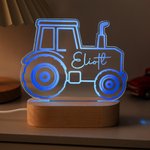 Personlig grävmaskin traktor design justerbar LED nattlampa med namn och träbas för barnrum doppresent födelsedagspresent för pojkar