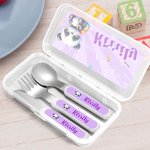 Personalised Cartoon Animals Safe Stainless Steel Fork Spoon Knife 3 Pcs Cutlery Set with Name and Case Back to School Birthday Gift for Boys Girls