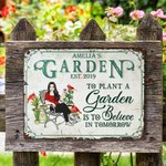 Gepersonaliseerde Retro Garden Cartoon Character Metal Sign met naam tuindecor Housewarming verjaardagscadeau voor vrouwen mannen tuinieren liefhebbers