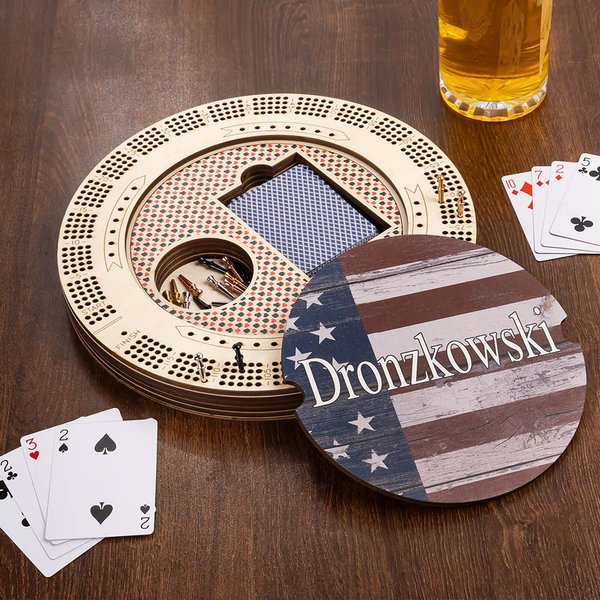 Personalized American Flag Design Portable Wooden Cribbage Board with Pegs and Poker Camping Outdoor Activities Birthday Gift for Cribbage Lovers