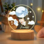 Personalised Cloud Hot Air Balloon Cute Teddy Bear LED Night Light with Name and Wooden Base Nursery Decor Birthday Gift for Baby Kid