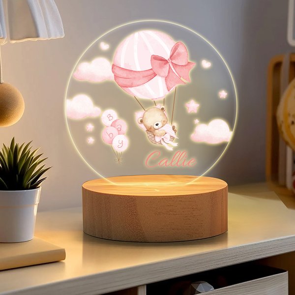 Personalised Cloud Hot Air Balloon Cute Teddy Bear LED Night Light with Name and Wooden Base Nursery Decor Birthday Gift for Baby Kid