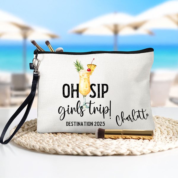 Gepersonaliseerd Oh Sip Girls Trip Drinks Draagbaar Make-uptasje met Naam en Polsbandje Reisgeschenk voor Dagelijks Gebruik voor Vrouwen Meisje