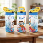 Personalized Cartoon Scuba Diver 12 oz Insulated Kid Water Bottle with Handle and Straw Back to School Birthday Gift for Boys Girls