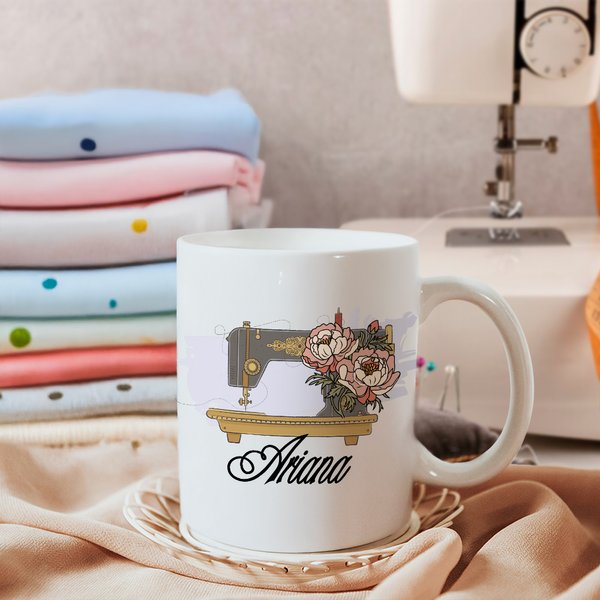 Personalized Birth Flower Sewing Machine Ceramic Coffee Mug with Name Home Kitchen Decor Birthday Gift for Mom Grandma Sewing Enthusiast