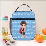Personalised Cartoon Kid Character Portable Insulated Lunch Bag with Name and Mesh Pocket Back to School Birthday Gift for Boys Girls