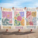 Serviette de Plage Personnalisée avec Nom Style Bohème Rétro Fleurie Accessoire de Voyage Cadeau Été Fête Plage pour Fille Femme