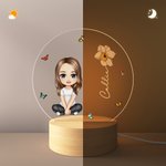 Personalized Cartoon Character Birth Flower Acrylic LED Night Light with Wooden Base Home Decor Gift for Boys Girls