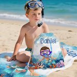 Personalized Cartoon Scuba Diver Quick Dry Oversized Name Beach Towel and Bag Summer Vacation Beach Essentials Birthday Gift for Boys Girls Adults