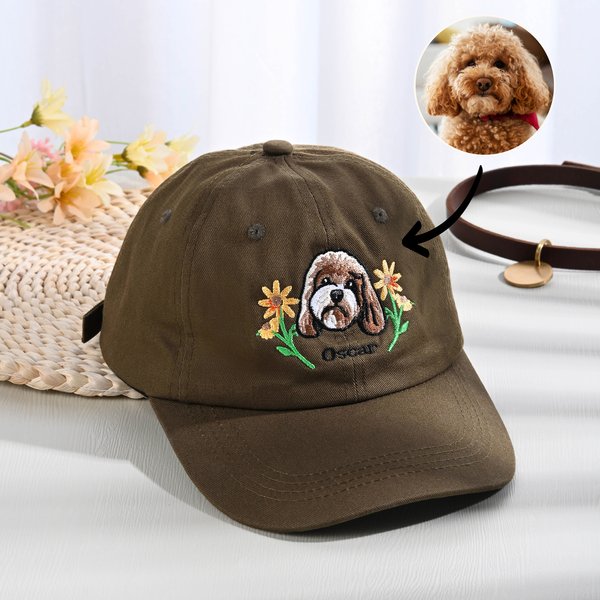 Personlig brodert blomsterportrettfoto av kjæledyr i 100 % bomull Justerbar baseballcap med navn, bursdagsgave til hund, mamma, dyreeier