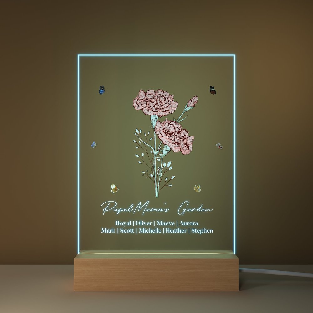 Personalized Birth Flower Bouquet LED Night Light with Wood Base Grandma's Garden Theme Home Decoration Birthday Gift for Family 5