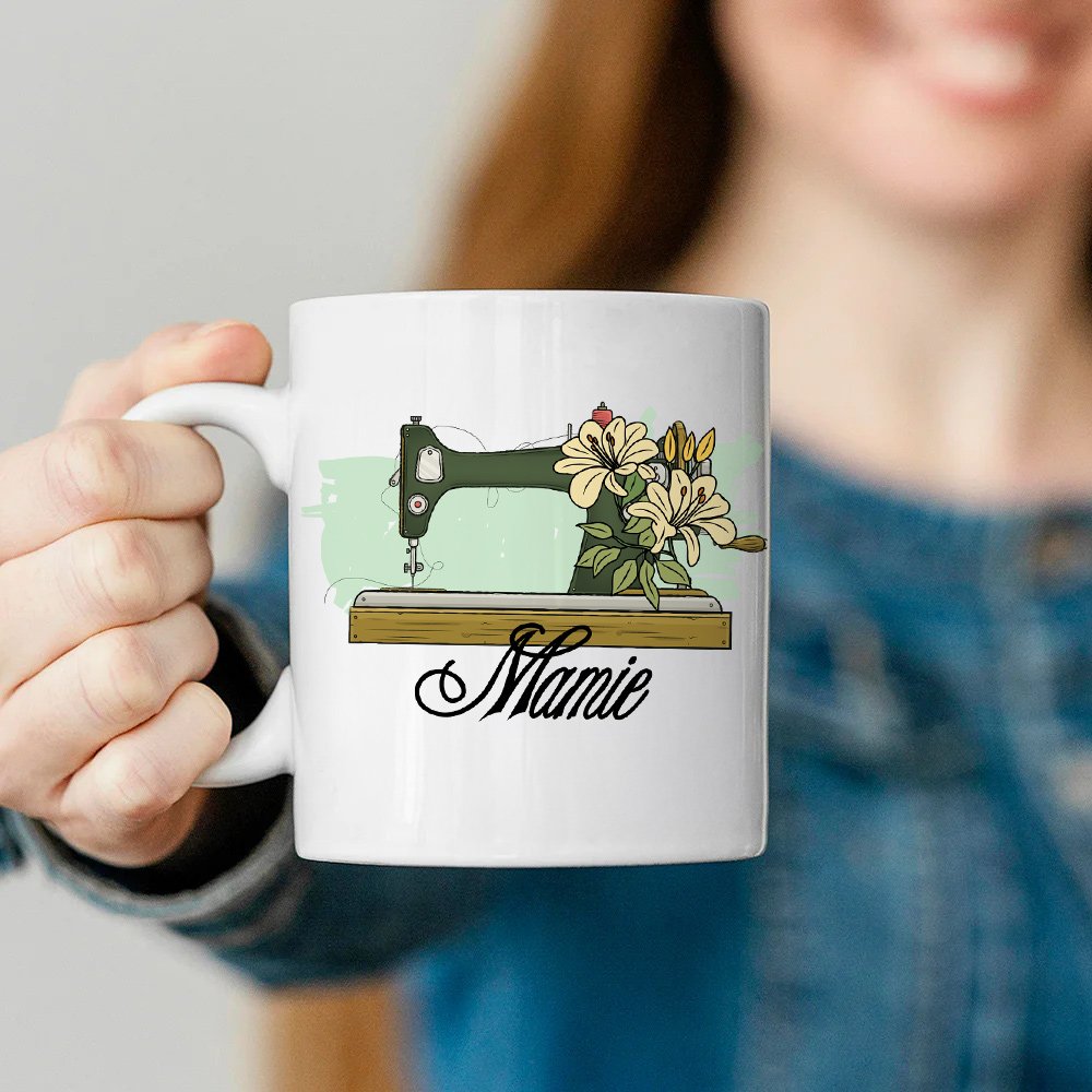 Personalized Birth Flower Sewing Machine Ceramic Coffee Mug with Name Home Kitchen Decor Birthday Gift for Mom Grandma Sewing Enthusiast 4