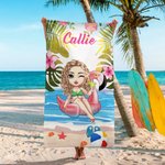 Gepersonaliseerde Tropische Planten Cartoonfiguur Extra Groot Sneldrogend Strandlaken met Naam Zomervakantie Verjaardagscadeau voor Vrouwen en Meisjes