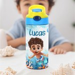 Personalized Cartoon Scuba Diver 12 oz Insulated Kid Water Bottle with Handle and Straw Back to School Birthday Gift for Boys Girls
