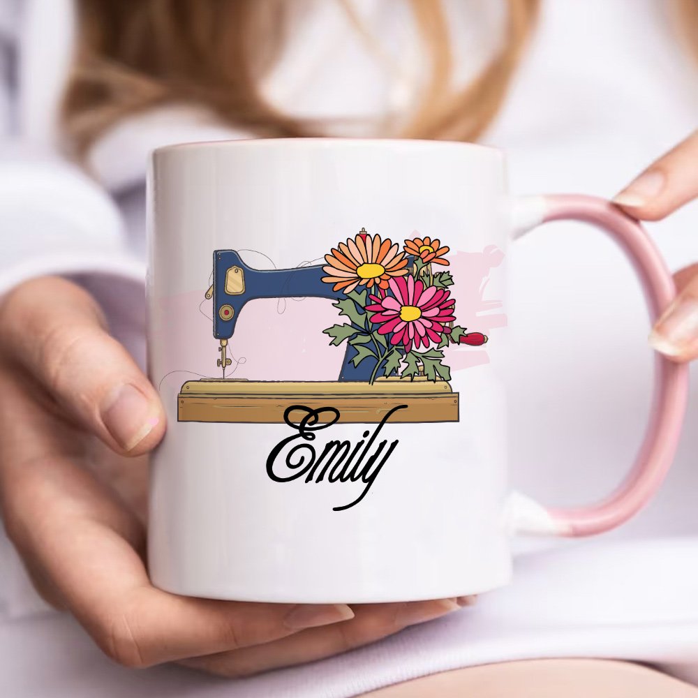 Personalized Birth Flower Sewing Machine Ceramic Coffee Mug with Name Home Kitchen Decor Birthday Gift for Mom Grandma Sewing Enthusiast 5