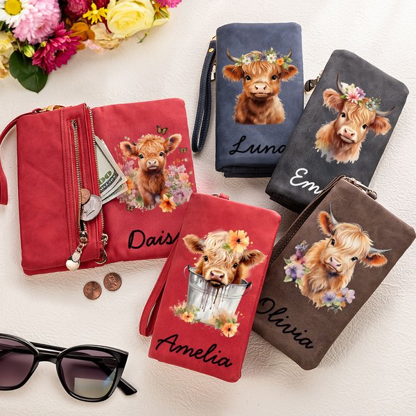 Personalised Cute Highland Cow Name Wristlet Wallet with Card Slots Pocket Anniversary Birthday Gift for Women