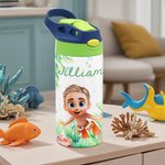 Personalized Cartoon Scuba Diver 12 oz Insulated Kid Water Bottle with Handle and Straw Back to School Birthday Gift for Boys Girls