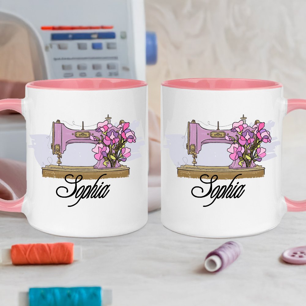 Personalized Birth Flower Sewing Machine Ceramic Coffee Mug with Name Home Kitchen Decor Birthday Gift for Mom Grandma Sewing Enthusiast 6