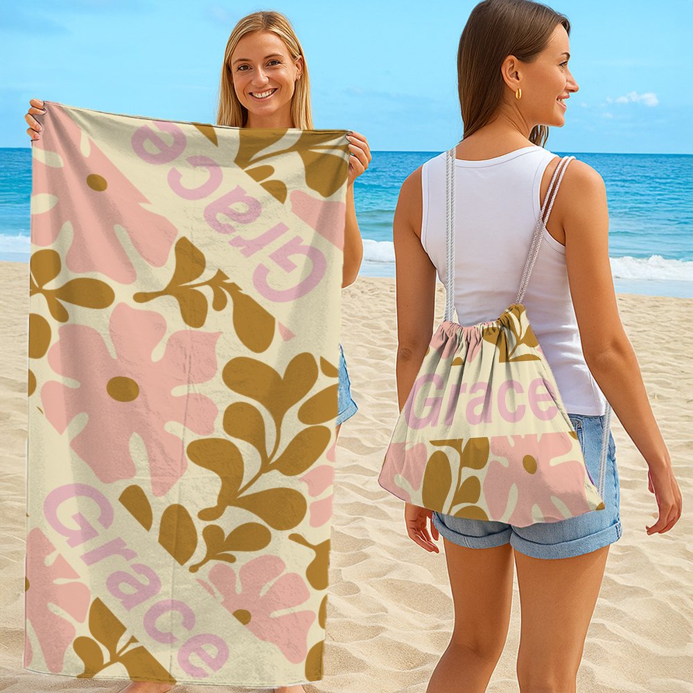 Asciugamano da spiaggia personalizzato con nome e fiore danese morbido ad asciugatura rapida telo borsa 2 in 1 festa compleanno regalo per donne 1